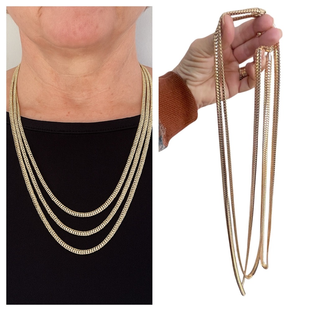 Snake Chain Layered Multi Strand Necklace Chunky Gold Tone Secure Clasp Elegant